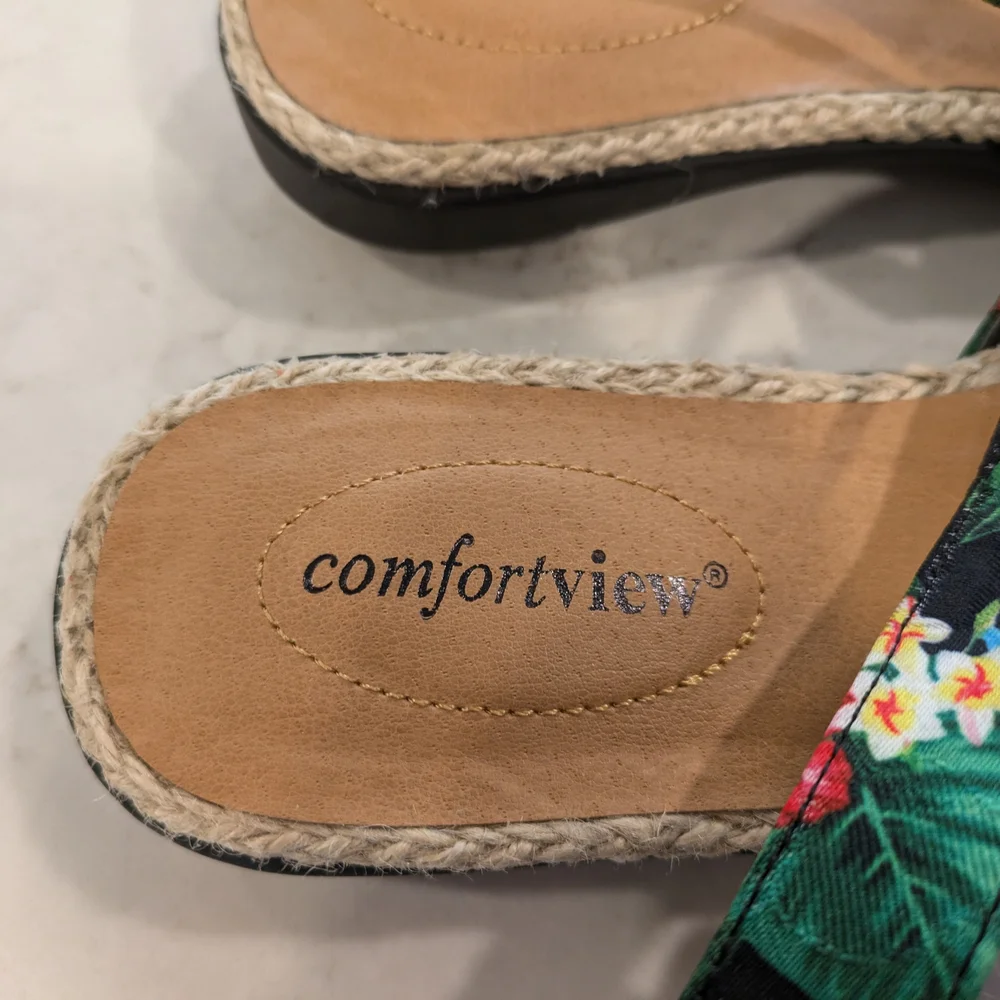 Comfortview Women's Size 9.5 Floral Sandals - Black Pink and Green